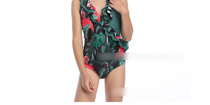 Fashion Green Leaf On White Ruffled Flamingo Print One Piece Swimsuit For Children,Kids Swimwear
