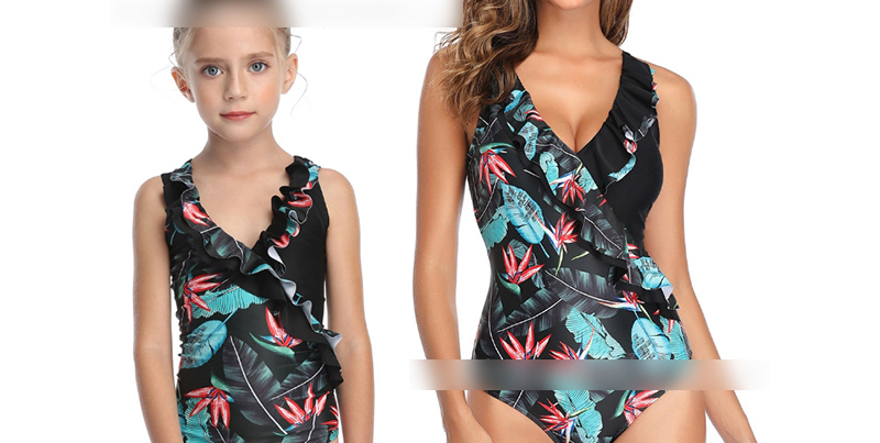 Fashion Green Leaf On White Ruffled Flamingo Print One Piece Swimsuit For Children,Kids Swimwear
