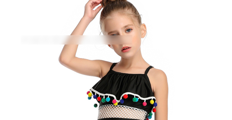 Fashion Stripe Hollow Hair Ball Mesh Stitching Ruffled One-piece Swimsuit,Kids Swimwear