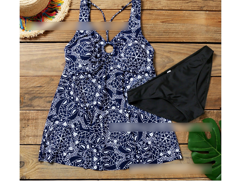 Fashion Navy Blue Print Ring Pleated Skirt Briefs Split Swimsuit,Cover-Ups