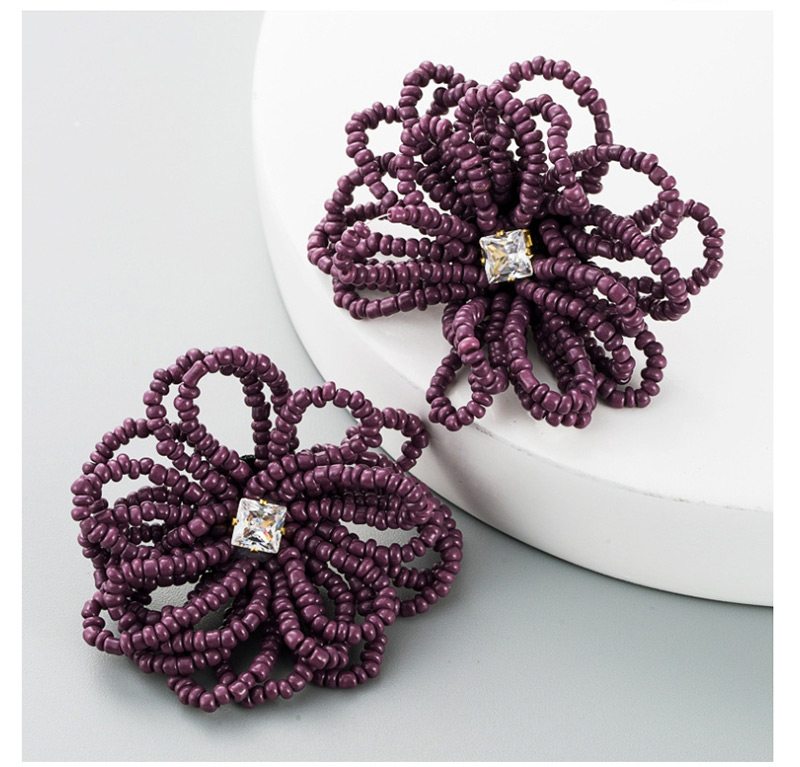 Fashion Purple Rice Beads Woven Diamond Flower Earrings,Stud Earrings