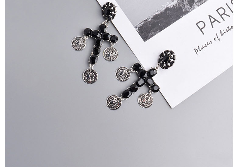 Fashion Black Round Human Head Diamond Cross Earrings,Drop Earrings