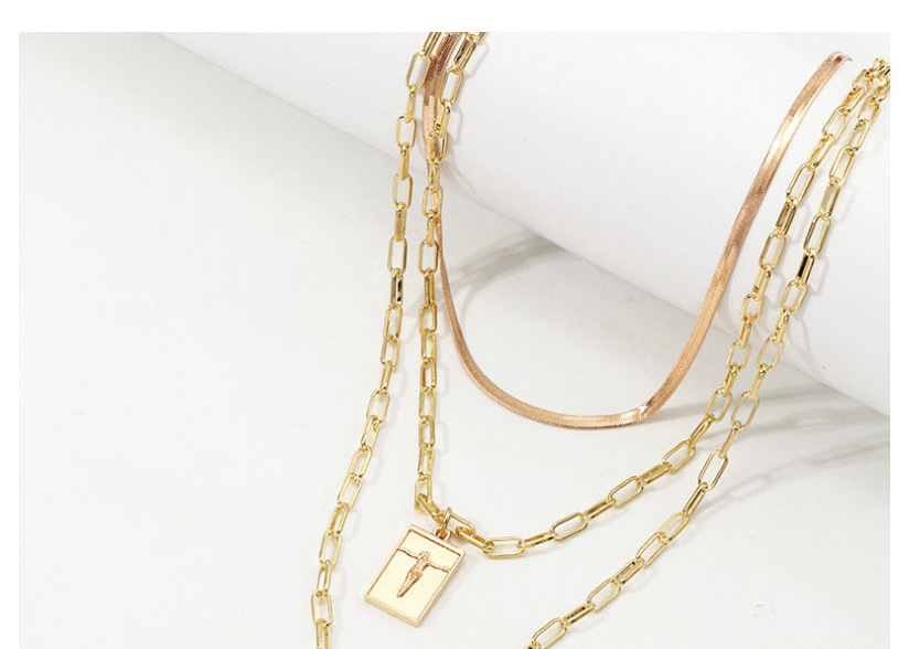 Fashion Golden Geometric Portrait Cross Three-layer Necklace,Multi Strand Necklaces