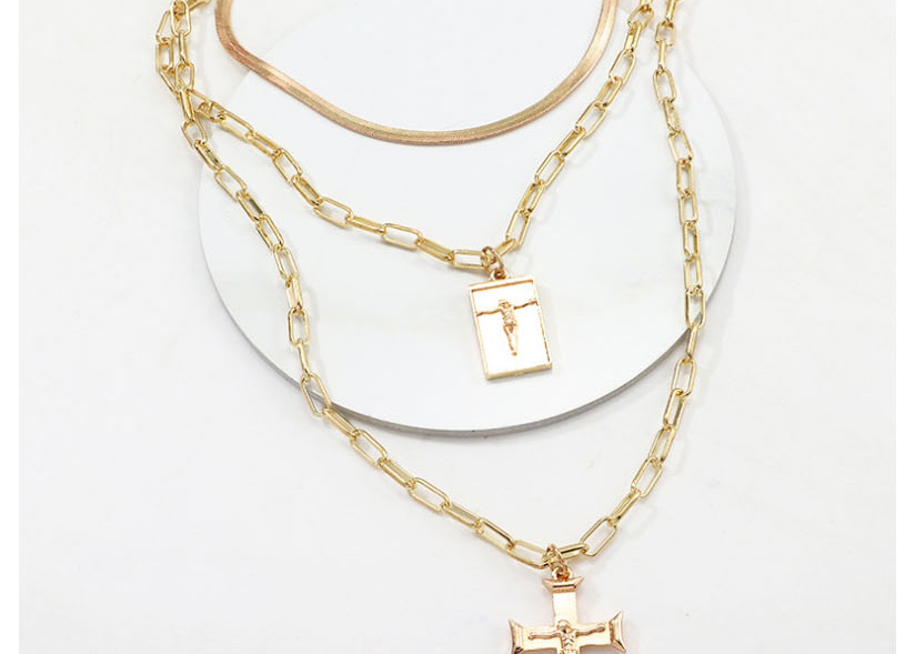 Fashion Golden Geometric Portrait Cross Three-layer Necklace,Multi Strand Necklaces