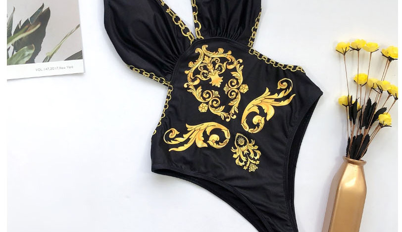 Fashion Black Printed Deep V-neck One-piece Swimsuit,Bikini Sets