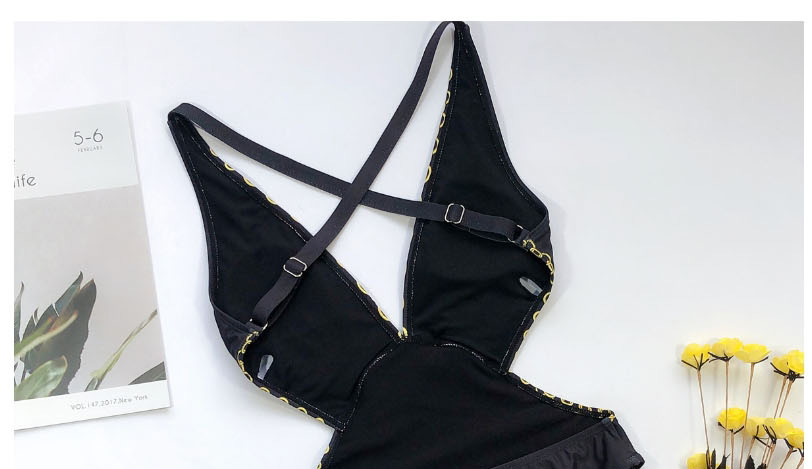 Fashion Black Printed Deep V-neck One-piece Swimsuit,Bikini Sets