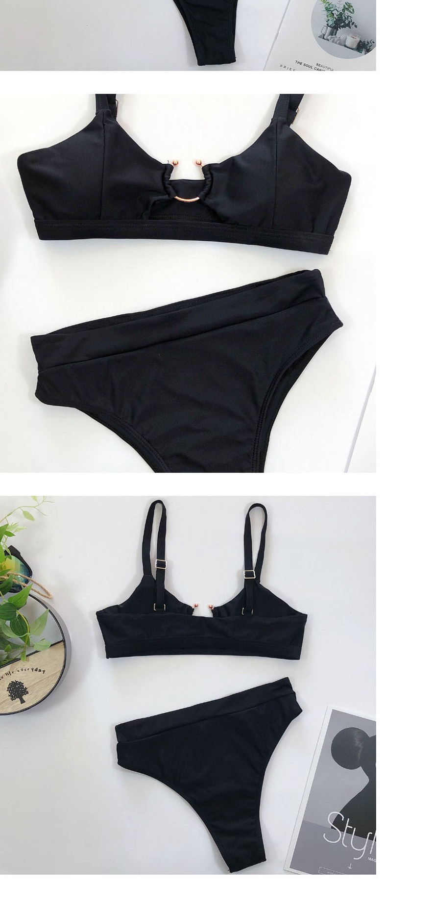 Fashion Black U-shaped Button High Waist Split Swimsuit,Bikini Sets
