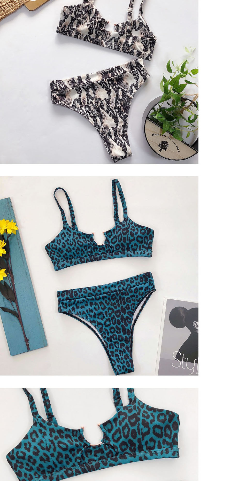 Fashion Blue Leopard Print Leopard Print High Waist Split Swimsuit,Bikini Sets