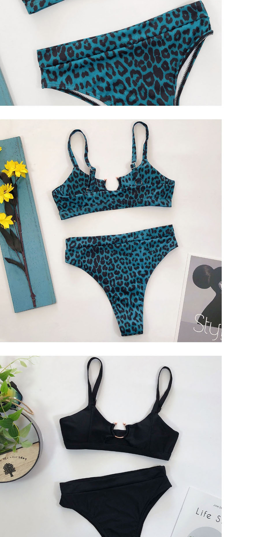 Fashion Blue Leopard Print Leopard Print High Waist Split Swimsuit,Bikini Sets