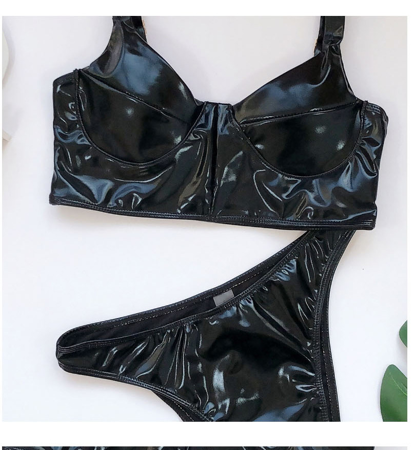 Fashion Black Bright Leather Paneled High Waist Swimsuit,Bikini Sets