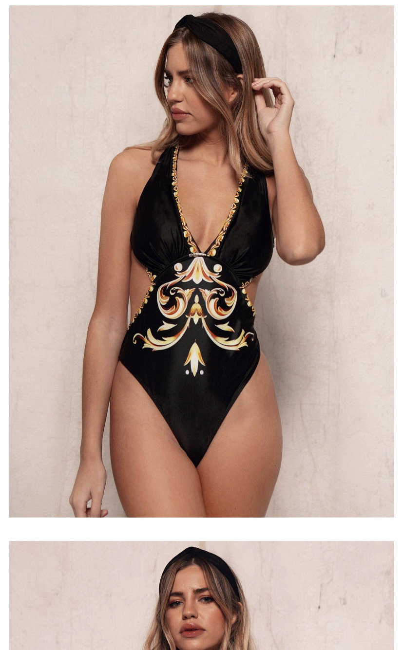 Fashion White Printed Deep V One-piece Swimsuit,One Pieces