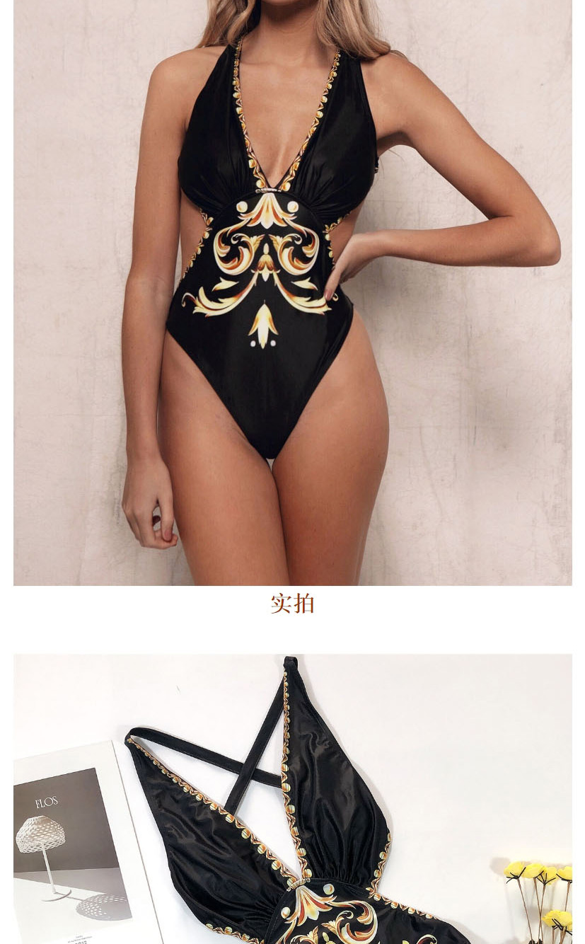 Fashion Black Printed Deep V One-piece Swimsuit,One Pieces