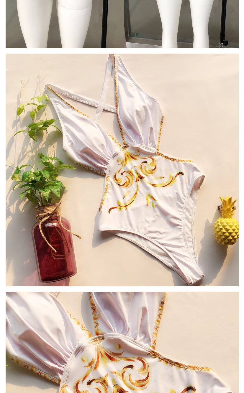 Fashion White Printed Deep V One-piece Swimsuit,One Pieces