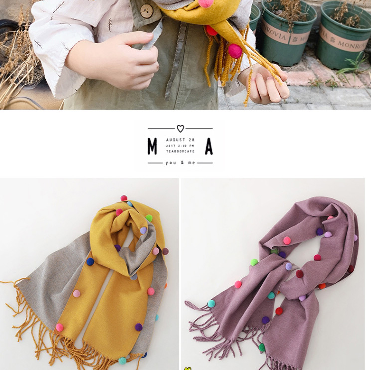 Fashion Yellow Fight Color Reversible Cashmere Ball Fringed Children Scarf,Thin Scaves