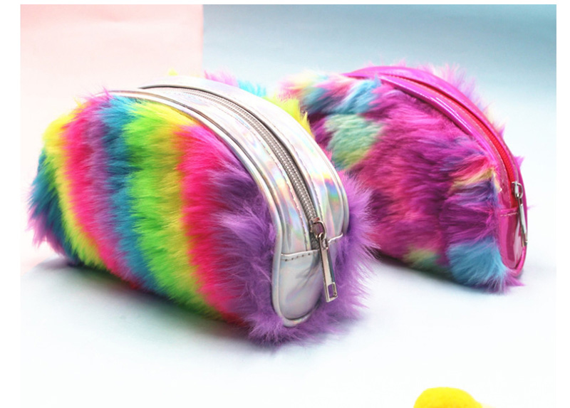 Fashion Cosmetic Bag Rainbow Contrast Plush Sequin Cosmetic Case,Home storage