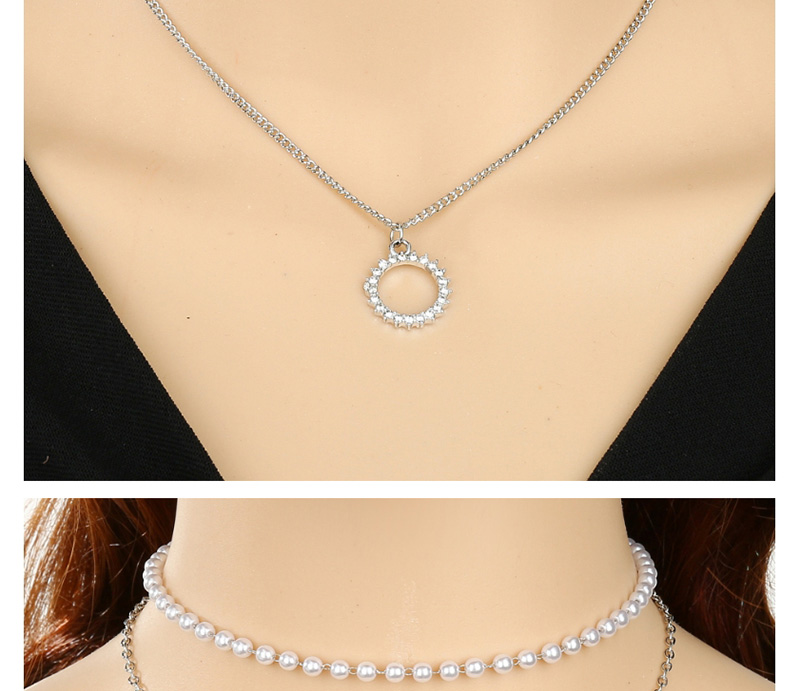 Fashion Hollow Circle Pearl And Diamond Openwork Necklace,Multi Strand Necklaces
