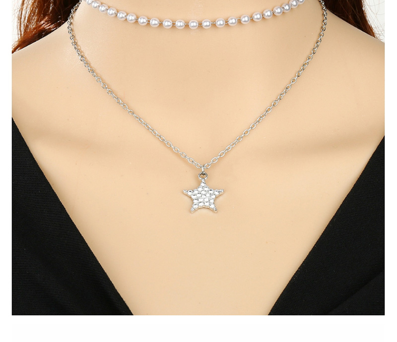 Fashion Hollow Stars Openwork Star Necklace With Pearls And Diamonds,Multi Strand Necklaces