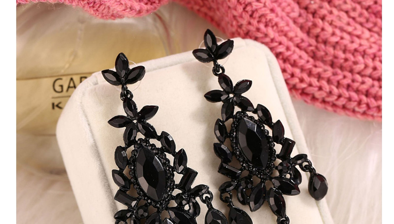 Fashion Black Flower Drop Geometric Earrings With Diamonds,Drop Earrings