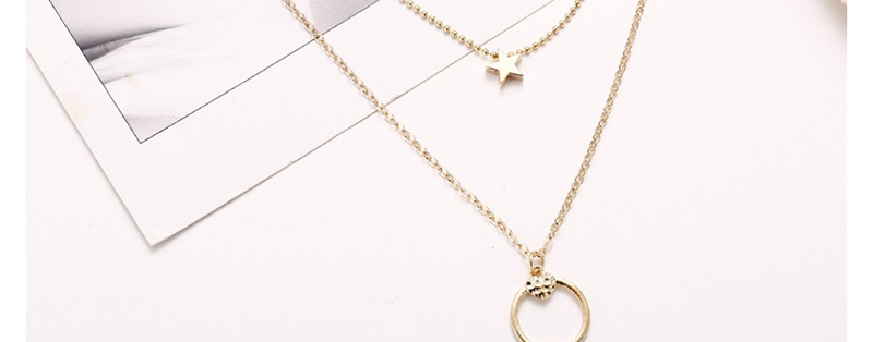 Fashion Golden Heart-shaped Round Pentagram Multilayer Necklace With Diamonds,Multi Strand Necklaces