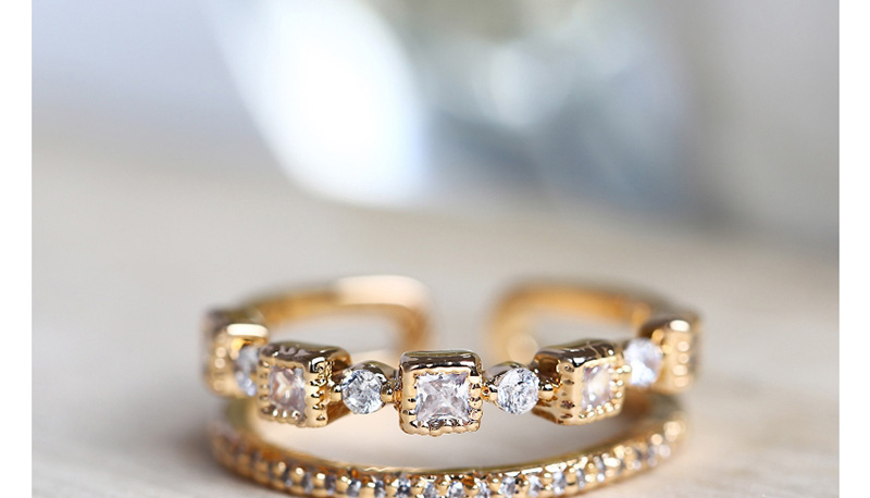 Fashion Golden Zircon Square Diamond Two-slit Open Ring,Fashion Rings