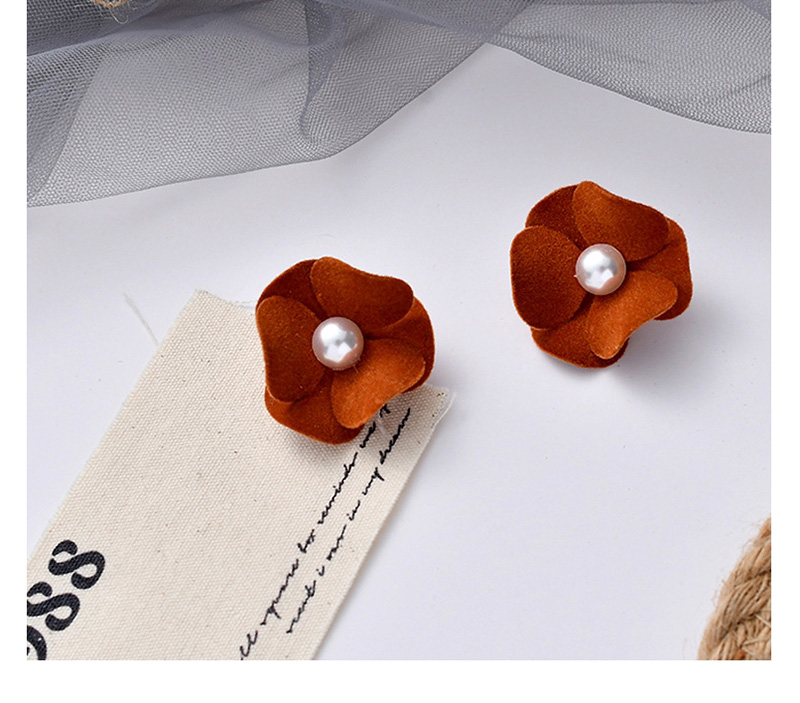 Fashion Brown Flocked Flower Pearl Stud Earrings,Stud Earrings