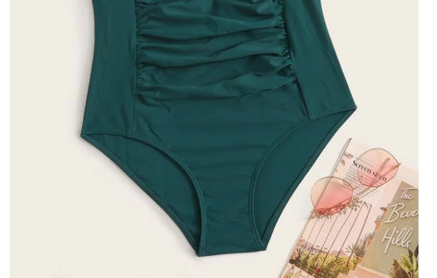 Fashion Green Pleated Panel Swimsuit,One Pieces