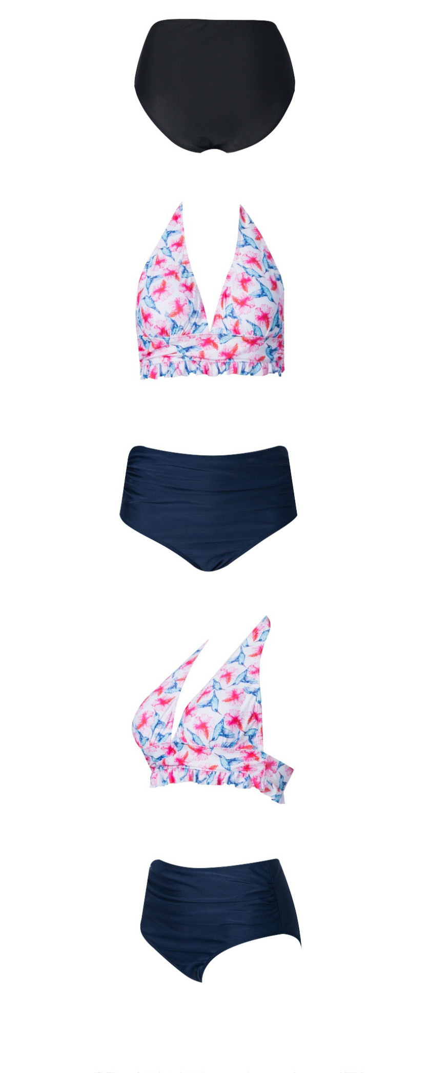 Fashion Pink Printed Pleated High Waist Split Swimsuit,Bikini Sets