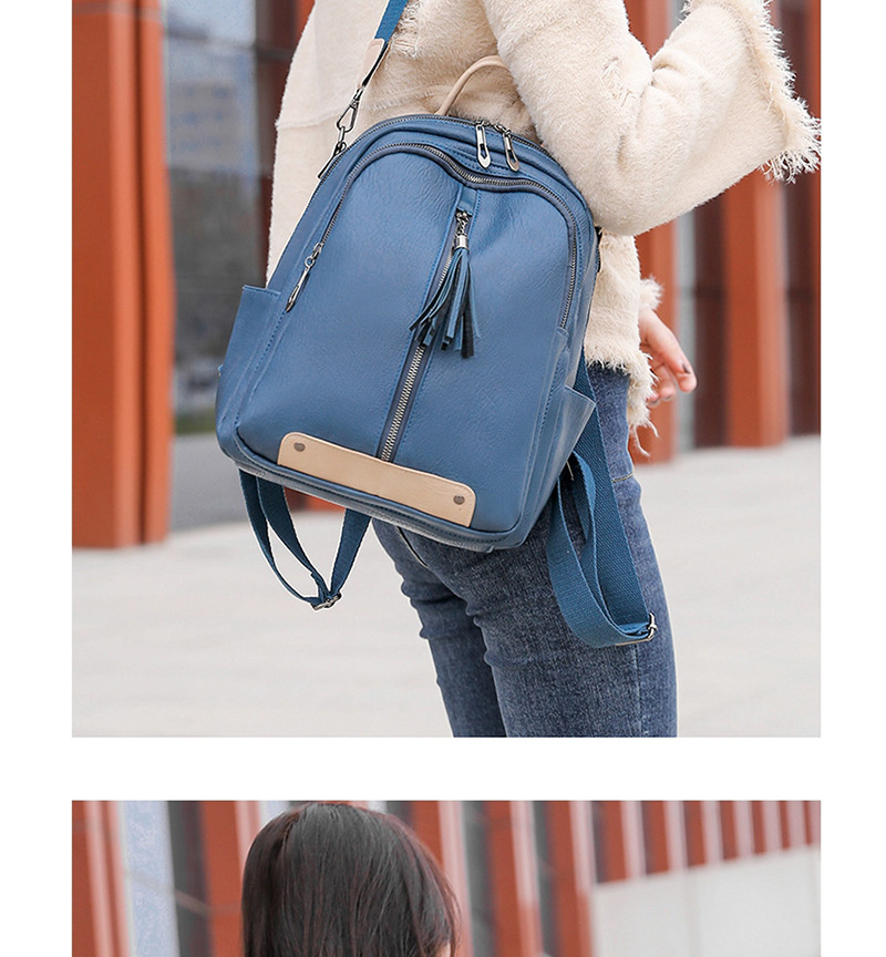 Fashion Blue Stitched Contrast Tassel Backpack,Backpack