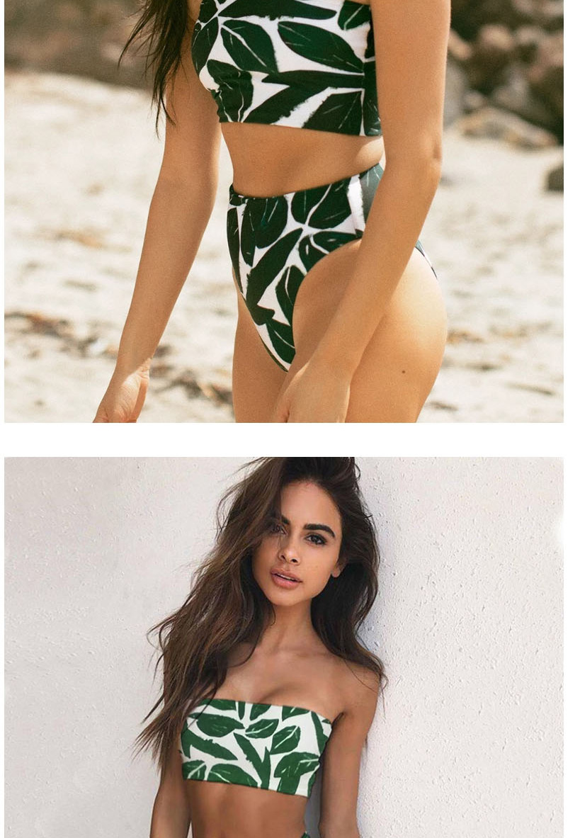 Fashion Green Leaves Foliage Printed Tube Top High Waist Split Swimsuit,Bikini Sets