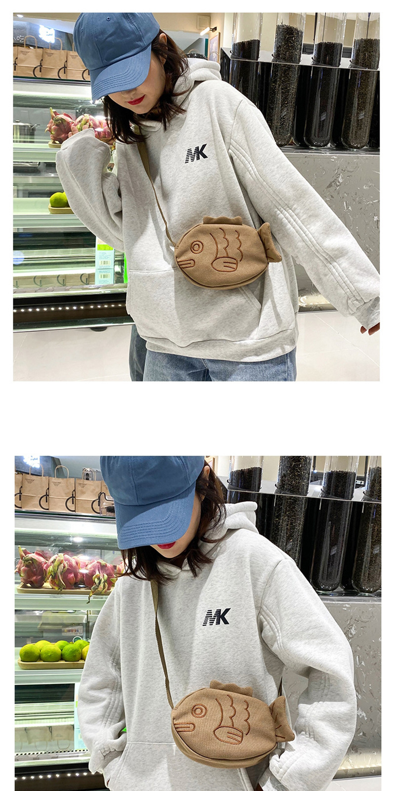 Fashion Brown Small Fish Embroidered Canvas Cross Body Bag,Shoulder bags