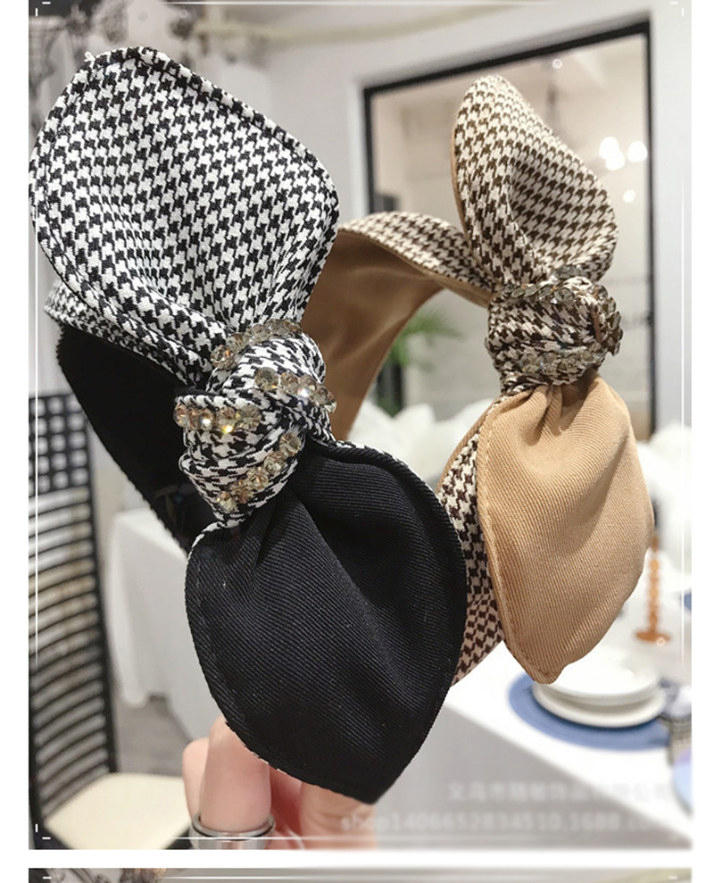 Fashion Khaki Houndstooth Knotted Bow Hoop With Diamonds,Head Band