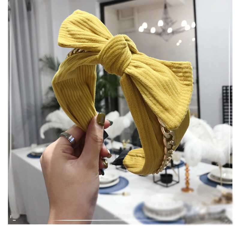 Fashion Yellow Striped Creased Chain Knotted Wide-edged Bow Headband,Head Band