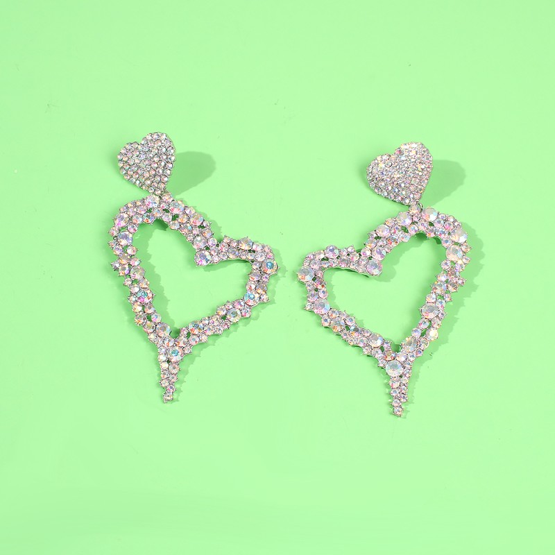 Fashion Golden Ab Double Heart Pierced Earrings With Diamonds,Drop Earrings