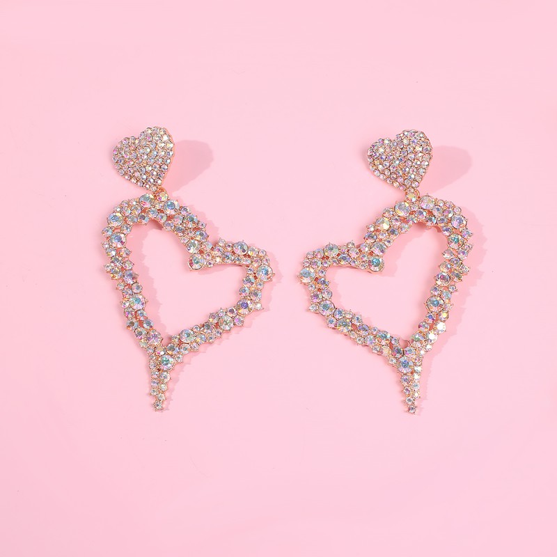 Fashion Golden Ab Double Heart Pierced Earrings With Diamonds,Drop Earrings