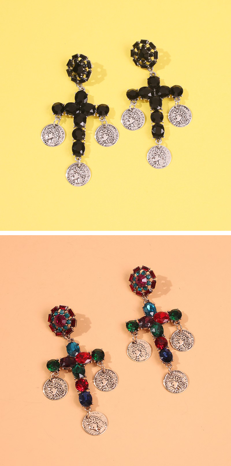 Fashion Color Round Cross Portrait Earrings With Diamonds,Drop Earrings