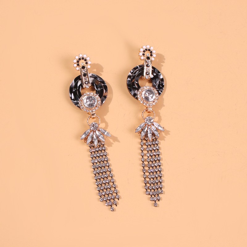 Fashion Black Resin Diamond Flower Tassel Earrings,Drop Earrings