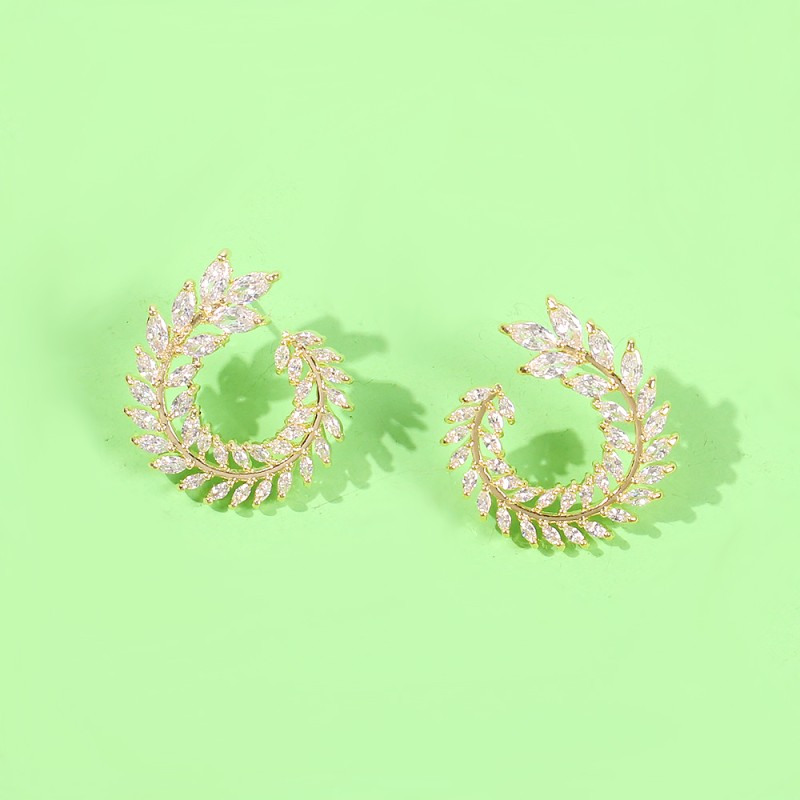 Fashion Round Leaf Black Diamond C-shaped Earrings With Diamonds,Stud Earrings