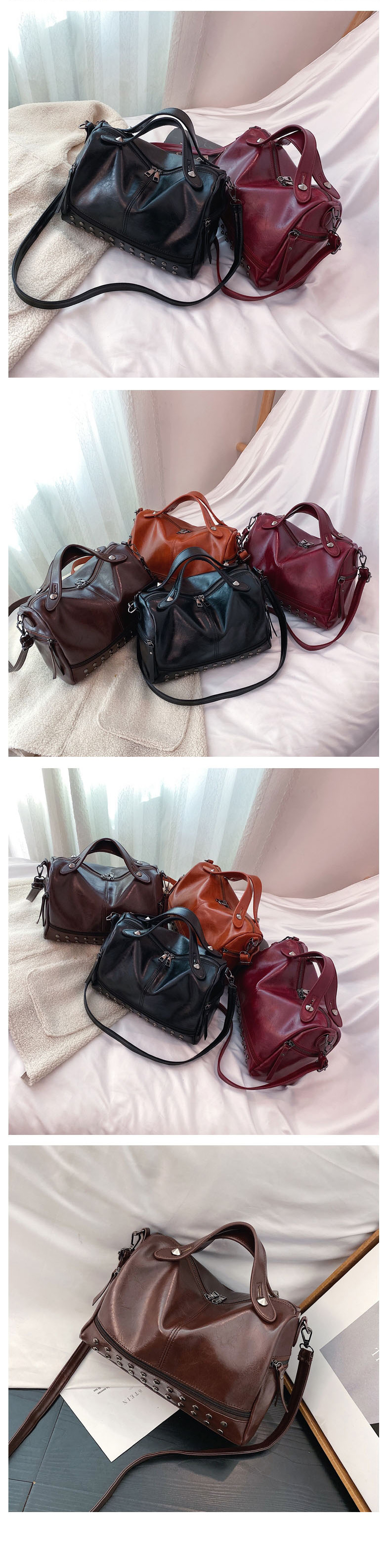 Fashion Red Wine Studded Zipped Shoulder Bag,Shoulder bags