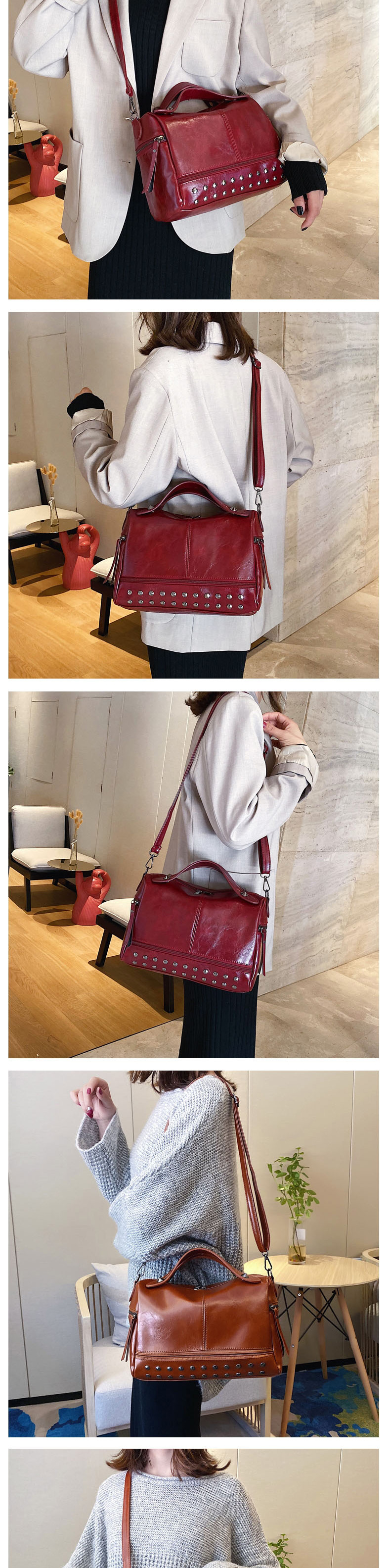 Fashion Red Wine Studded Zipped Shoulder Bag,Shoulder bags