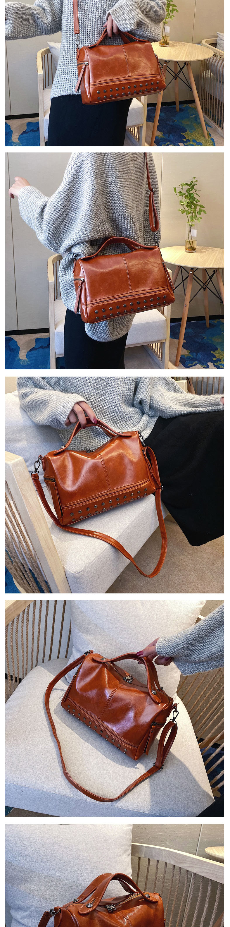 Fashion Brown Studded Zipped Shoulder Bag,Shoulder bags