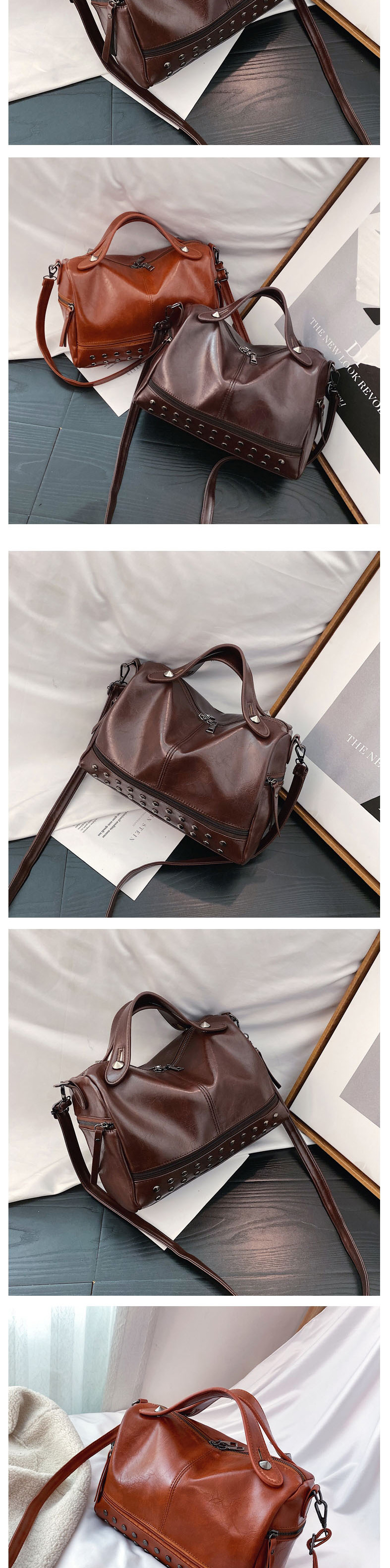 Fashion Brown Studded Zipped Shoulder Bag,Shoulder bags