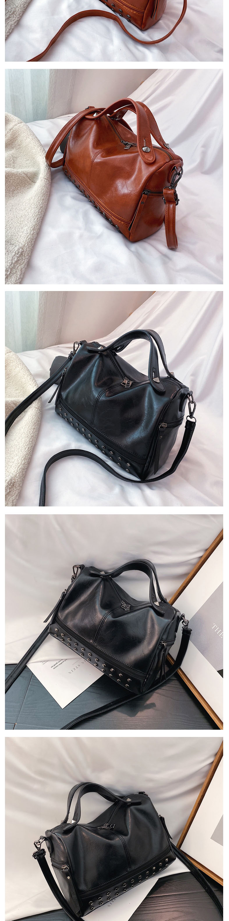 Fashion Black Studded Zipped Shoulder Bag,Shoulder bags