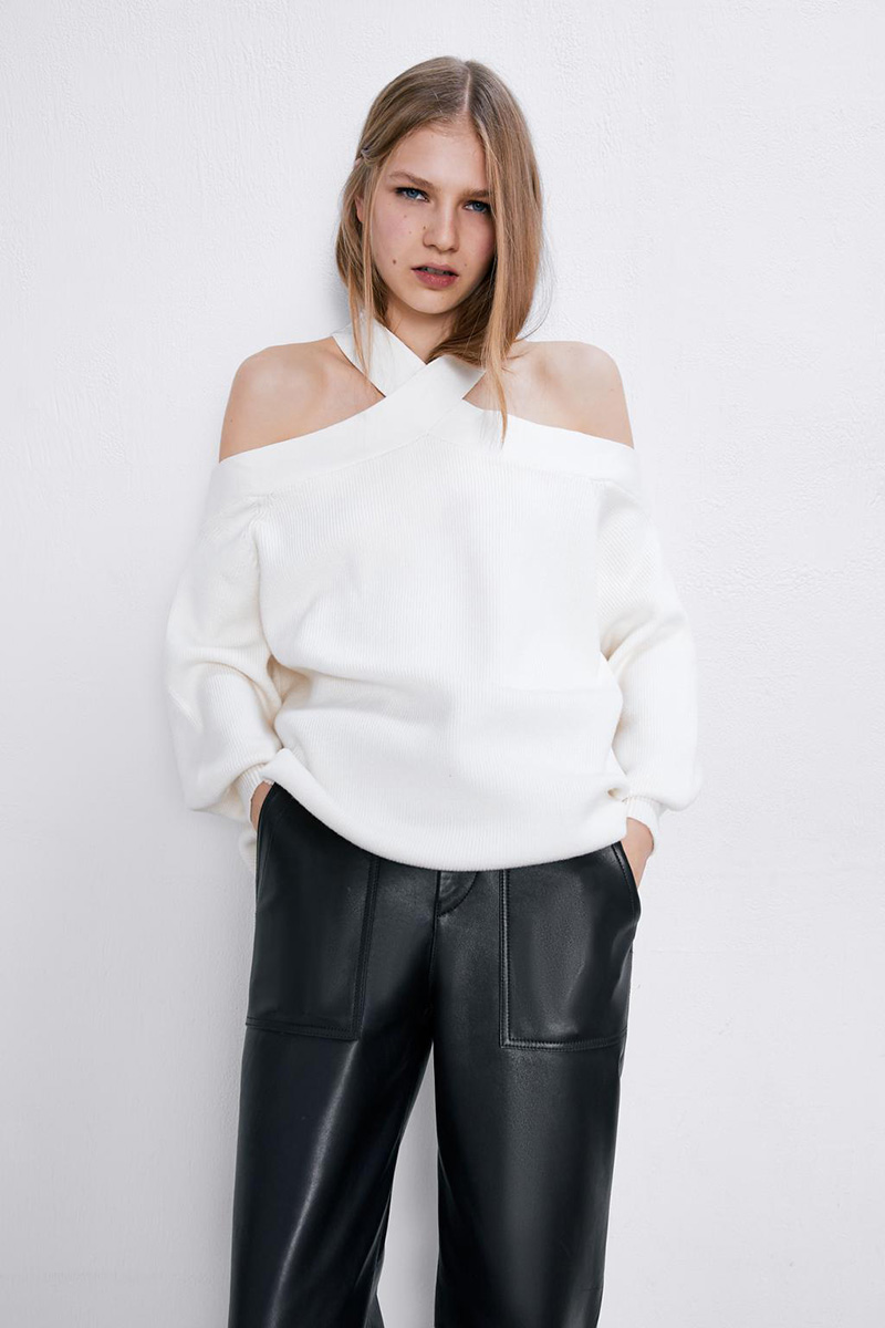 Fashion White Halter-paneled Off-the-shoulder Loose-fit Sweater,Sweater