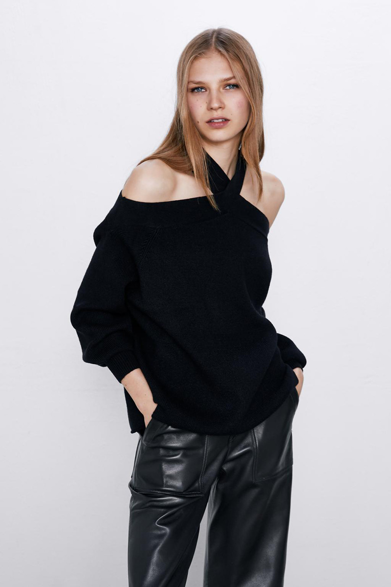 Fashion White Halter-paneled Off-the-shoulder Loose-fit Sweater,Sweater