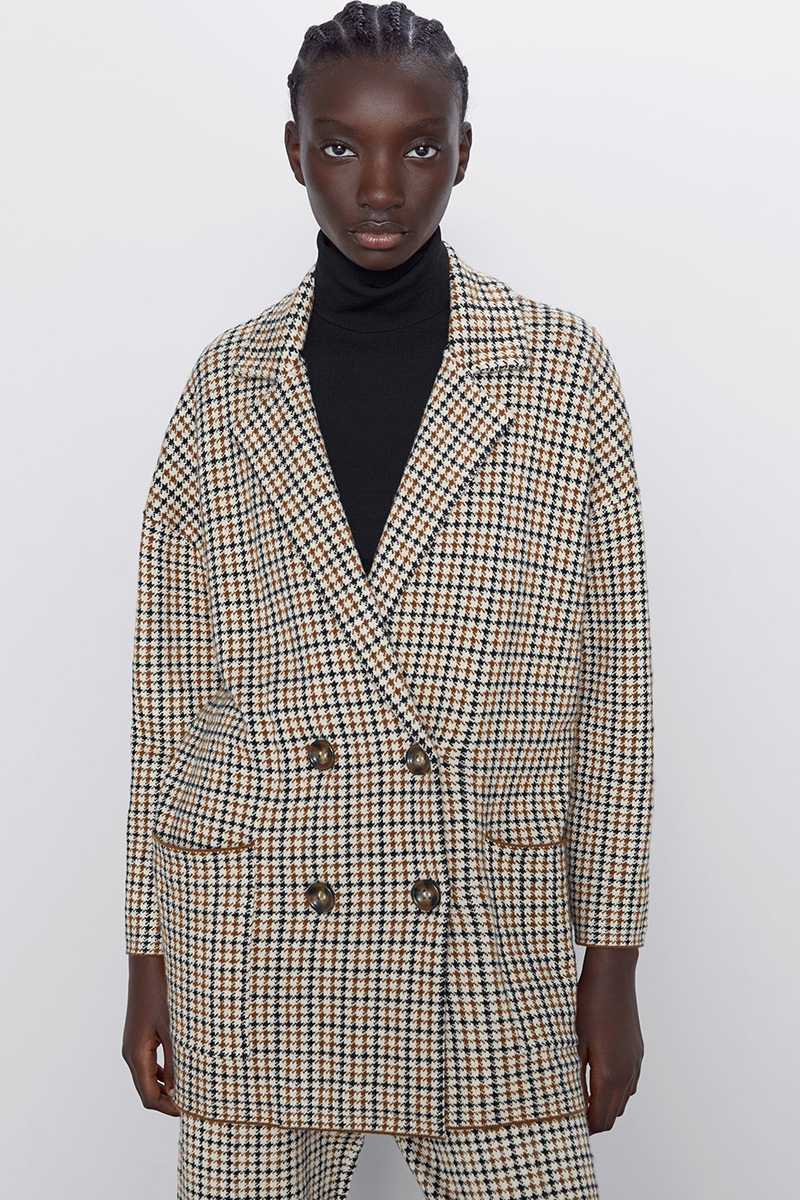 Fashion Lattice Houndstooth Knitted Blazer,Coat-Jacket