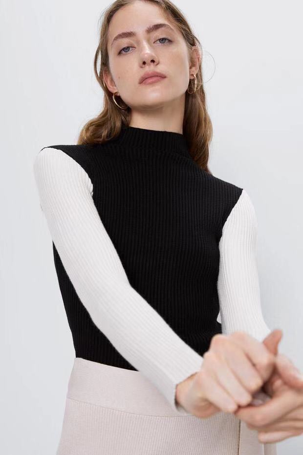 Fashion Beige Contrasting Contrast Half Turtleneck Sweater,Sweater