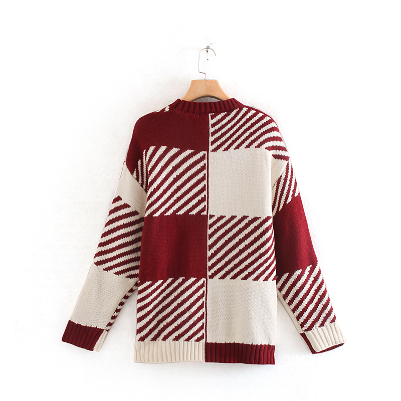 Fashion Red Plaid Stitching Sweater,Sweater