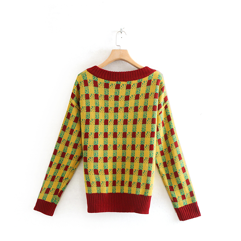 Fashion Color V-neck Check Stitching Sweater,Sweater