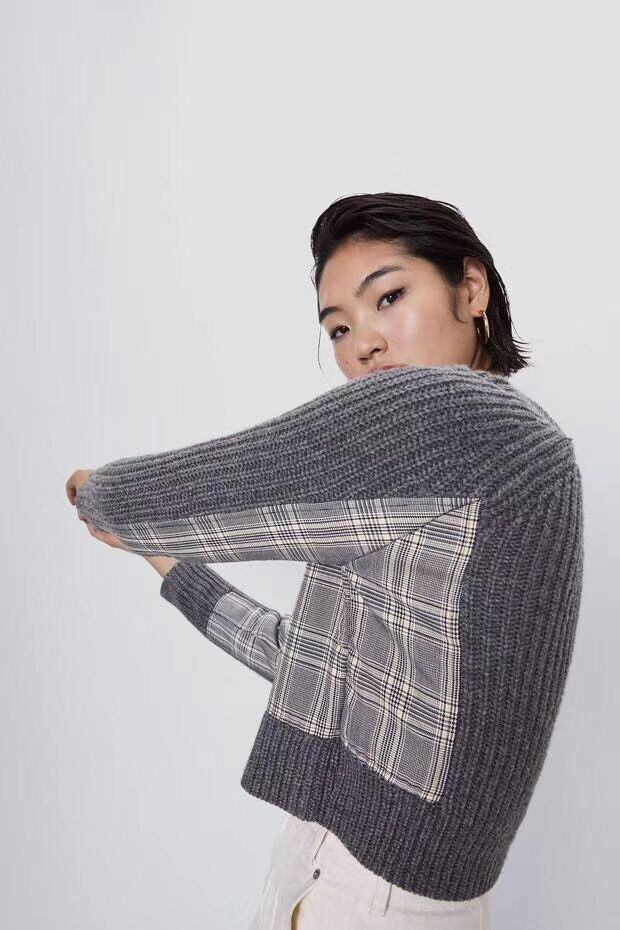 Fashion Gray Contrasting Houndstooth Knit Sweater,Sweater