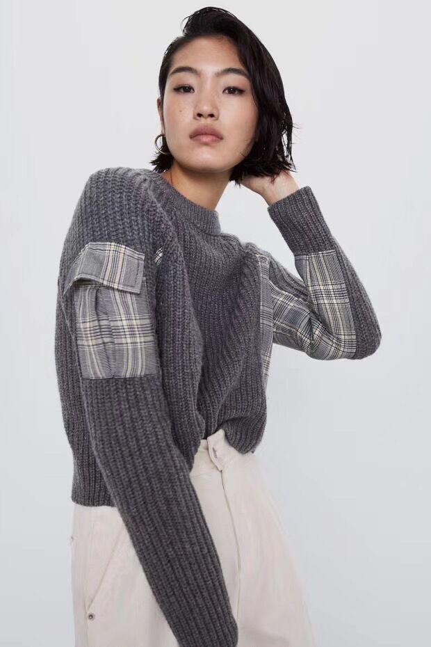 Fashion Gray Contrasting Houndstooth Knit Sweater,Sweater